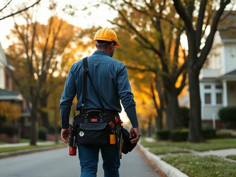 Electrician working in a residential neighborhood
