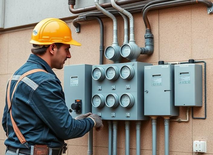 Electrician working on a commercial meter bank installation