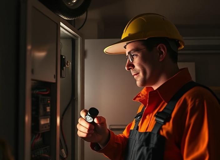 Technician diagnosing an electrical panel during emergency service