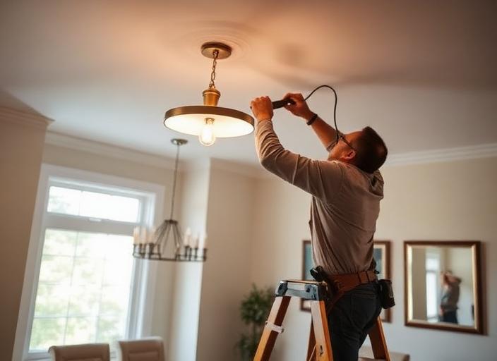 Electrician installing a ceiling light fixture