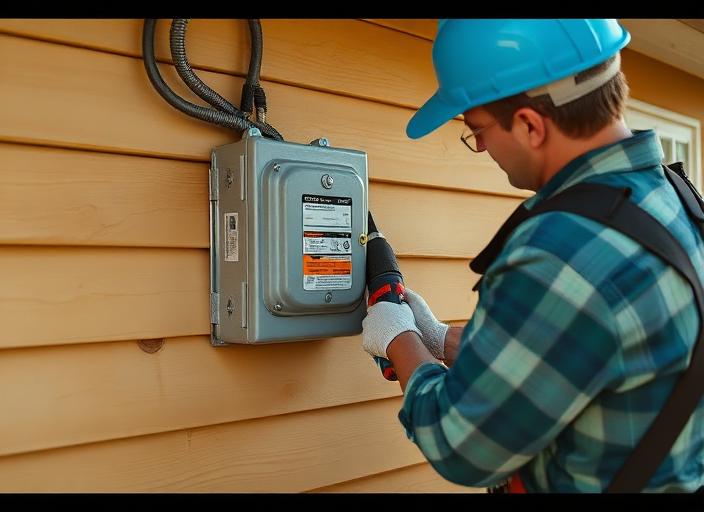 Electrician reattaching a meter box to the side of a house