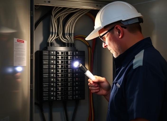 Technician inspecting a residential breaker panel