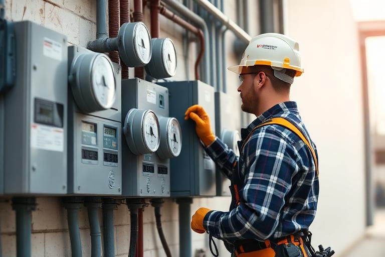 Electrician working on a commercial meter panel.